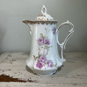 Antique Carl Tielsch C.T. Germany Chocolate Pot Hand Painted Roses Gold Trim VTG